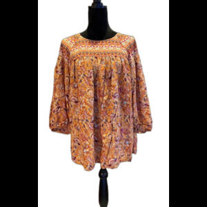 Cato Boho Blouse Plus Size 14 16 Top Orange Pink Peasant Hippie Top 3/4 Sleeve